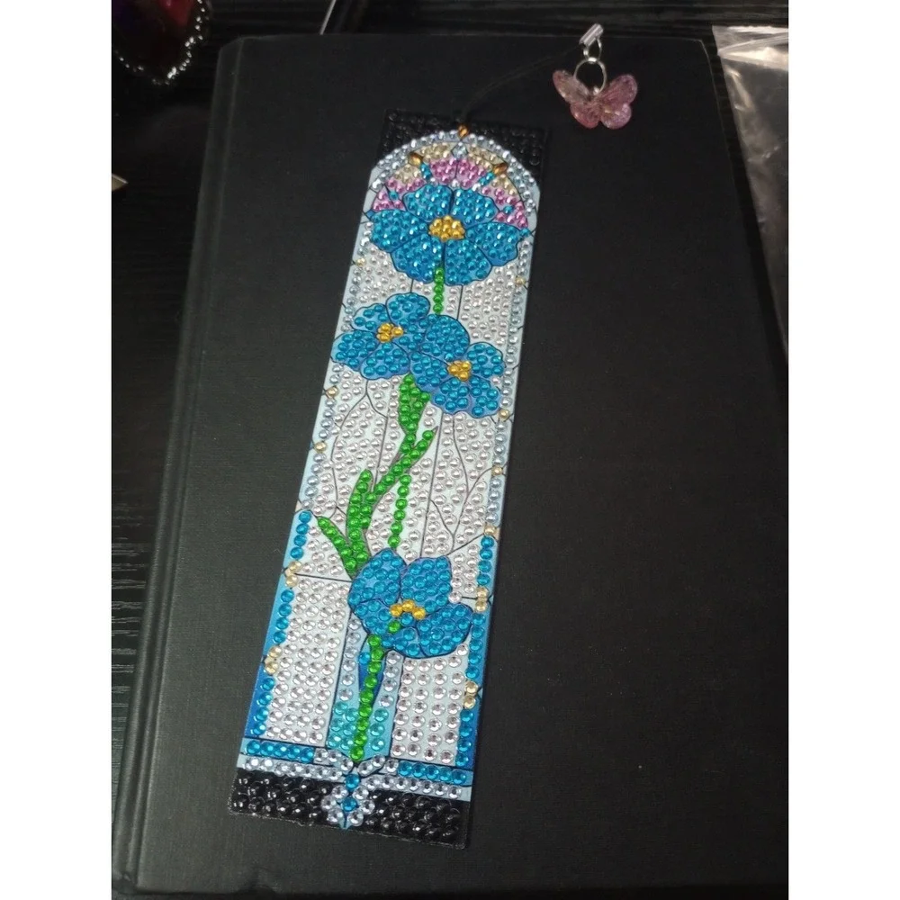 Handmade Diamond Art Bookmark Blue Floral Stained Glass Design w/ Butterfly...